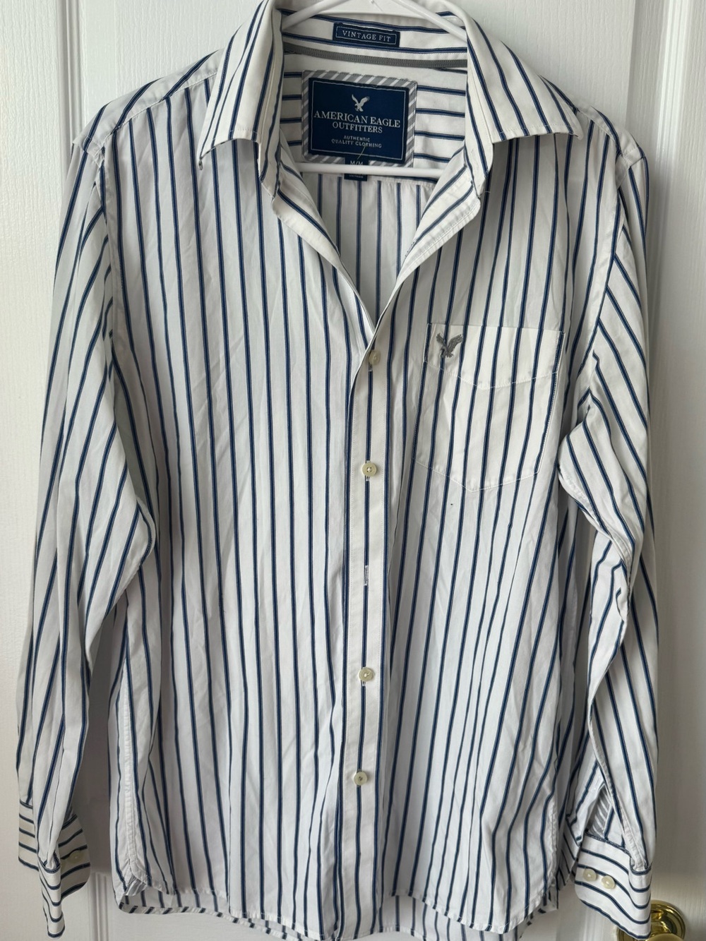 American Eagle Outfitters White Shirt with Navy Vertical Stripes